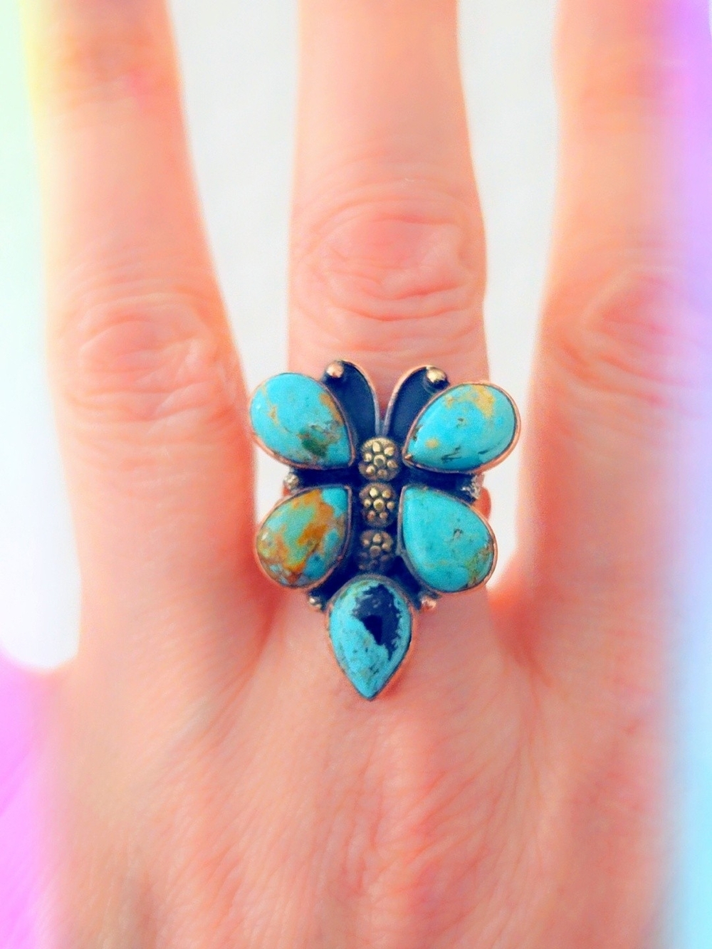 TURQUOISE BUTTERFLY GEMSTONE RING, SET IN COPPER, ADJUSTABLE SIZE
